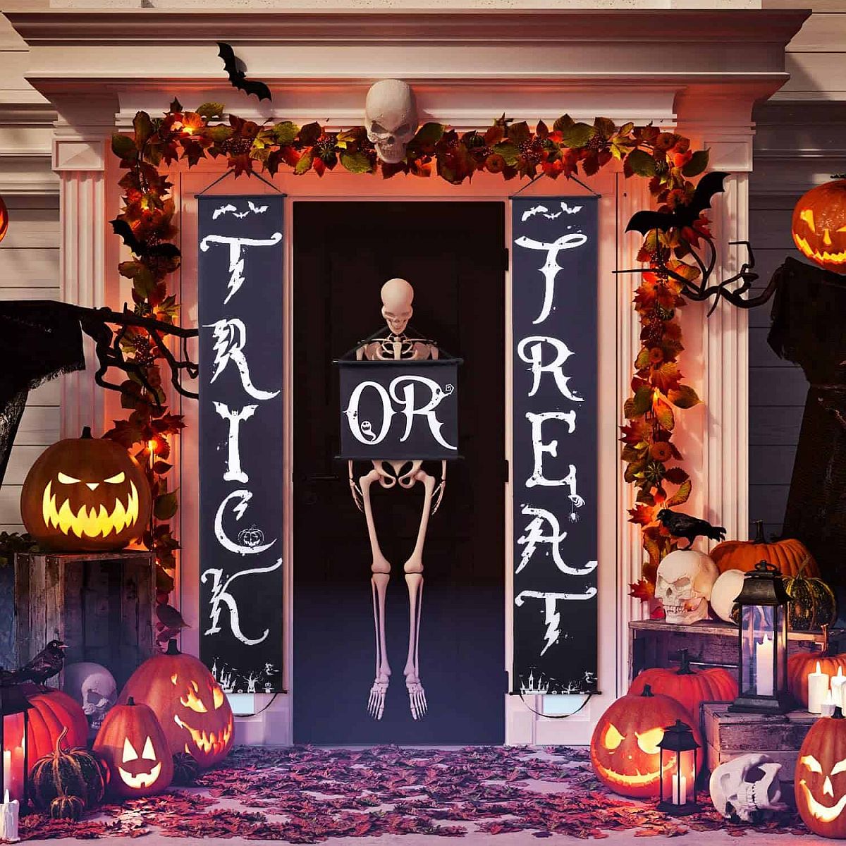 Jack-o'Lanterns, custom garland, skulls and skeletons create this stunning Halloween front porch