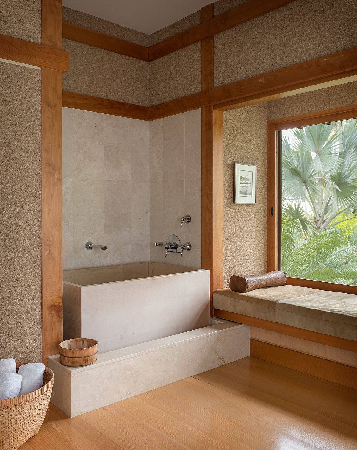 Modern Asian style bathroom with a smart soaking tub in the corner