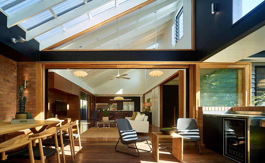 Open and spacious living area, kitchen and dining space of the revamped and extended post war home in Mitchelton