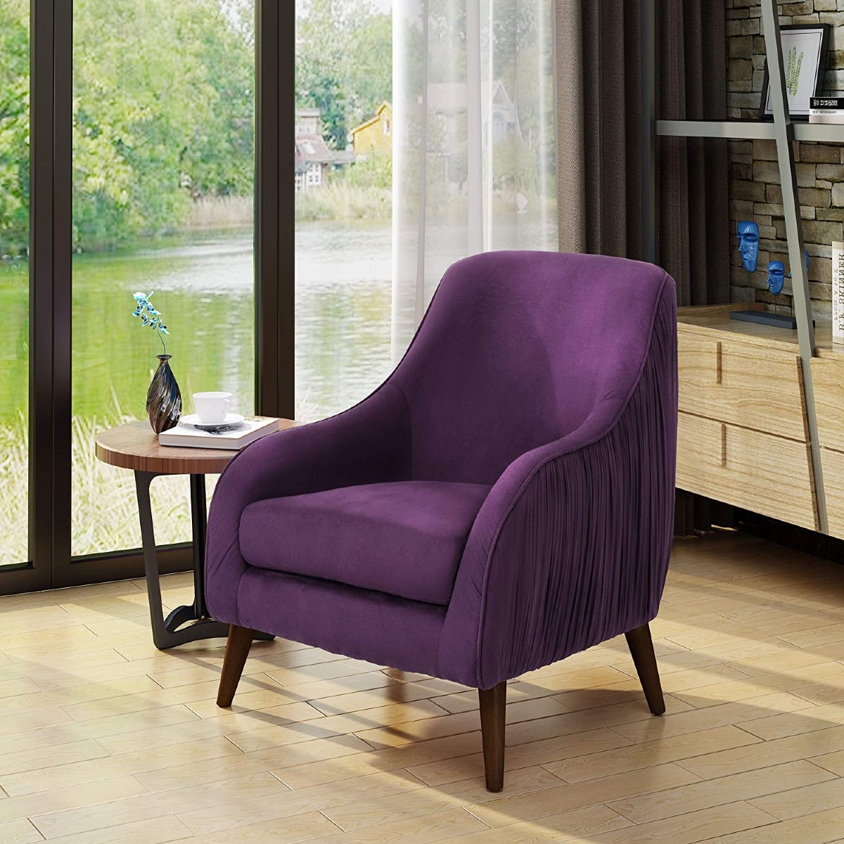 purple velvet chair with wooden furniture