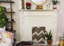 wooden chevron pattern in place of firebox for faux fireplace