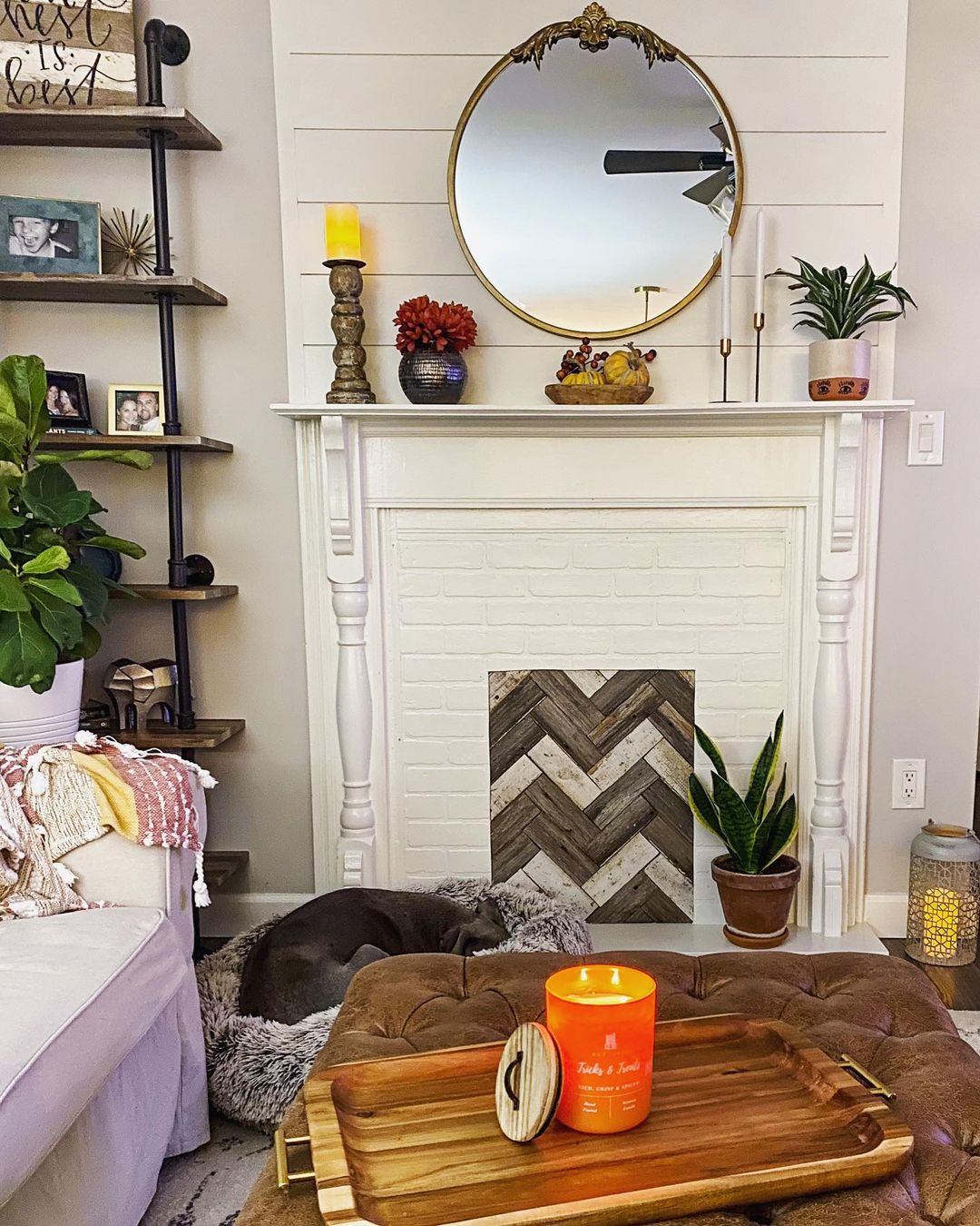 wooden chevron pattern in place of firebox for faux fireplace