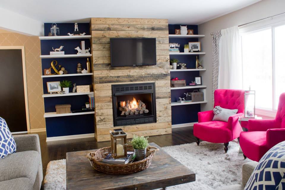 a fireplace surround made of distressed wood