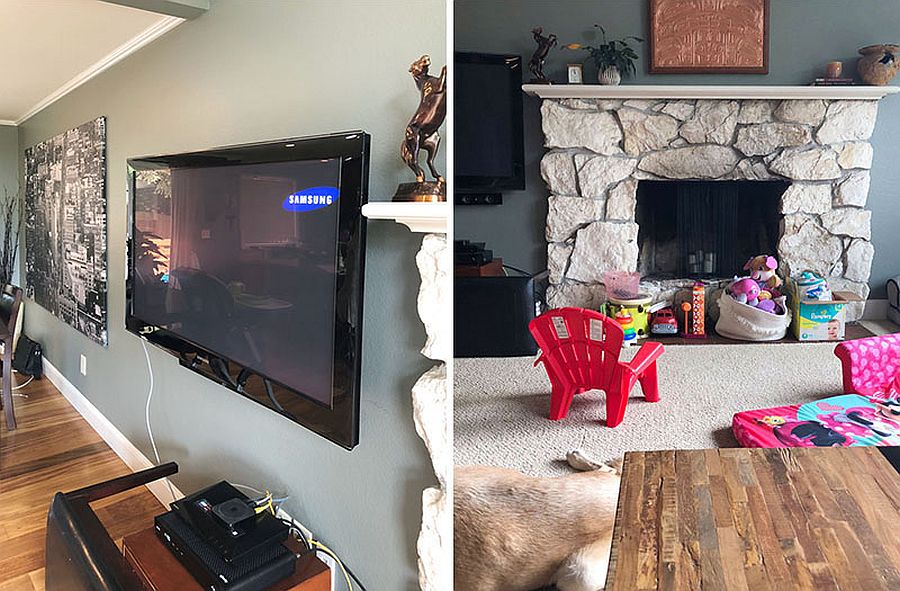Closer look at the TV and the fireplace before renovation