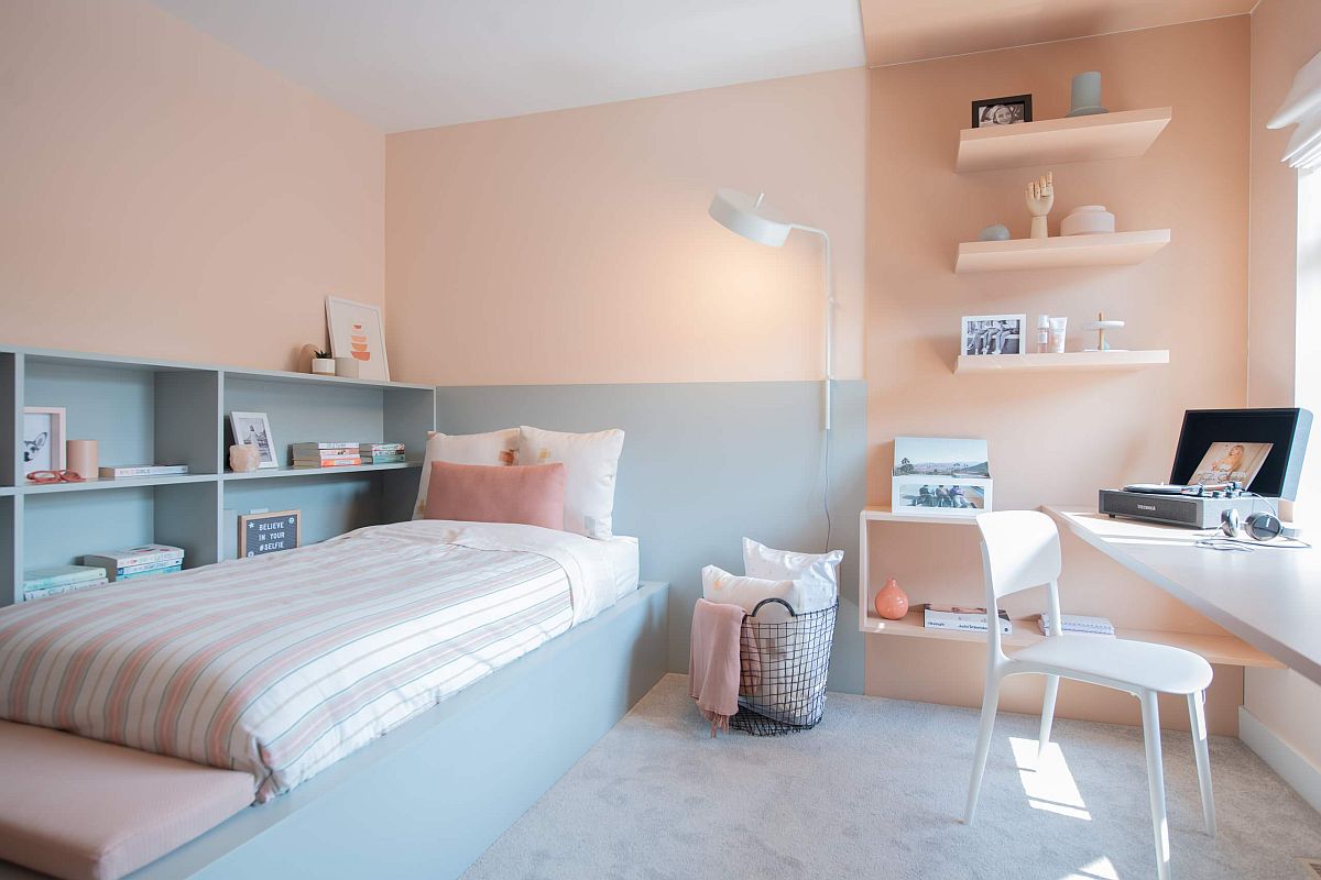 Gorgeous two-tone bedroom in pastel pink and wonderful purple