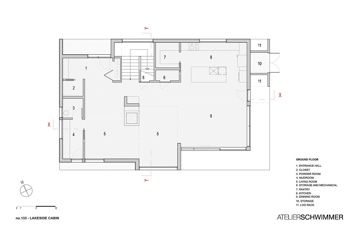 Ground level floor plan of lakeside cabin in Canada