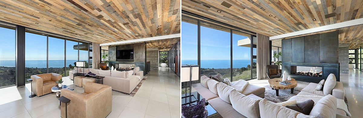 Metal fireplace and media wall with hidden TV become the stunning focal point of this expansive living space