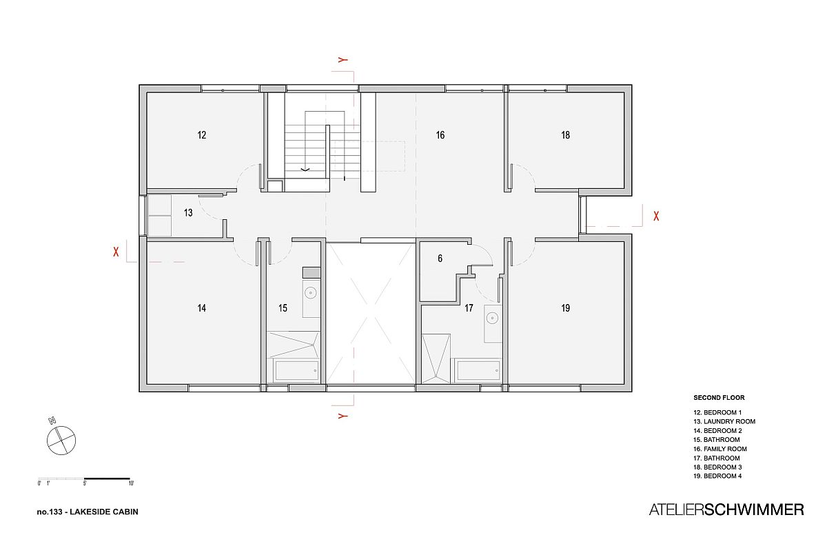 Second level floor plan of the modern lakeside cabin in Canada