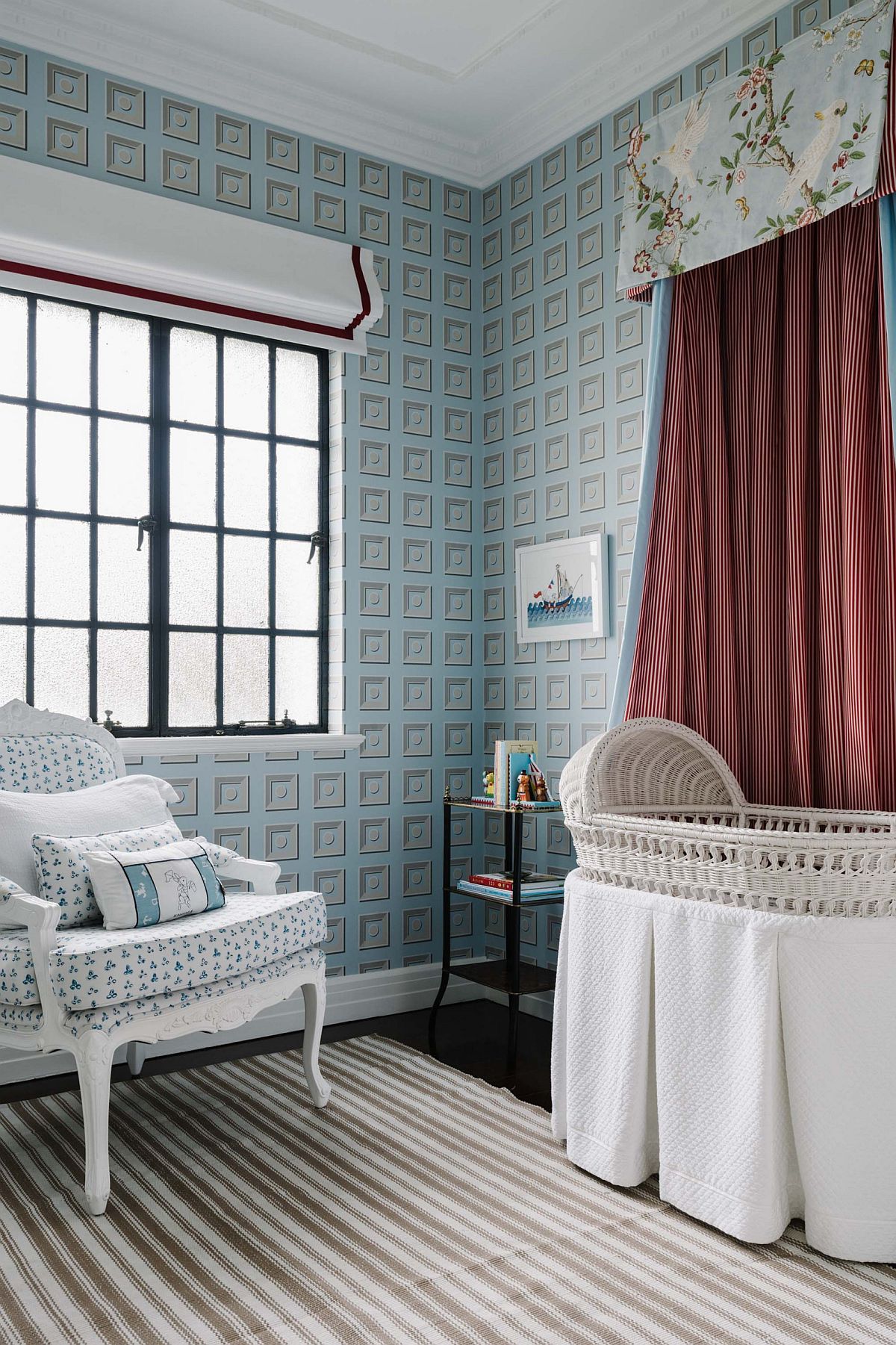 Wallpaper brings fun color and pattern to the modern traditional kids' room with a difference