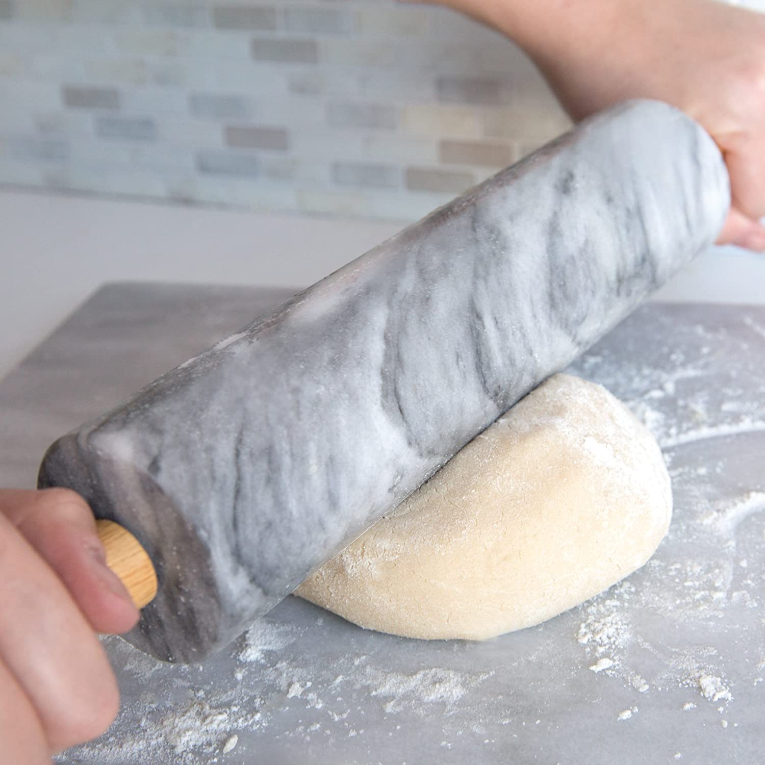 marble rolling pin with wooden cradle