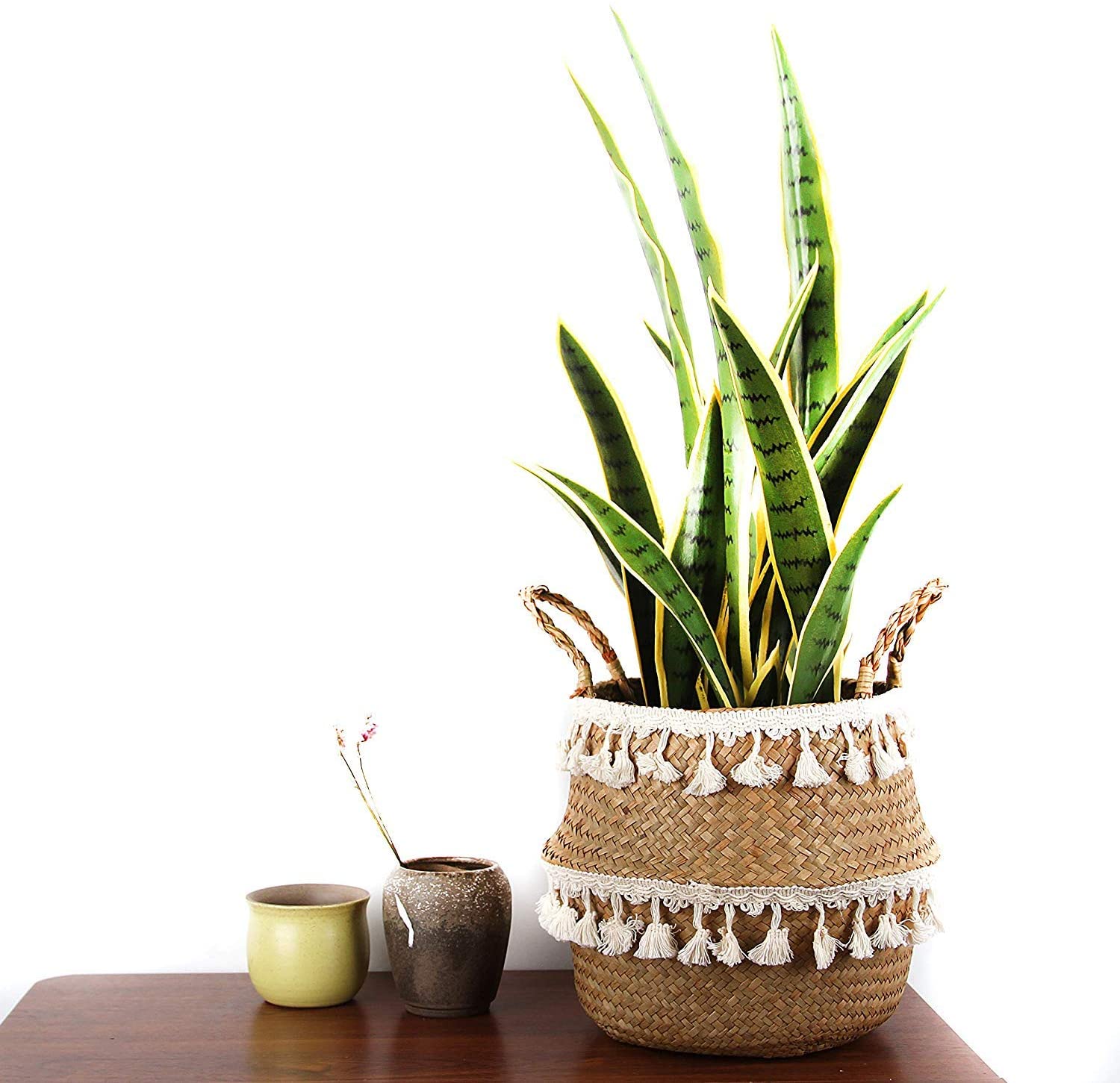Large woven seagrass basket with tassels