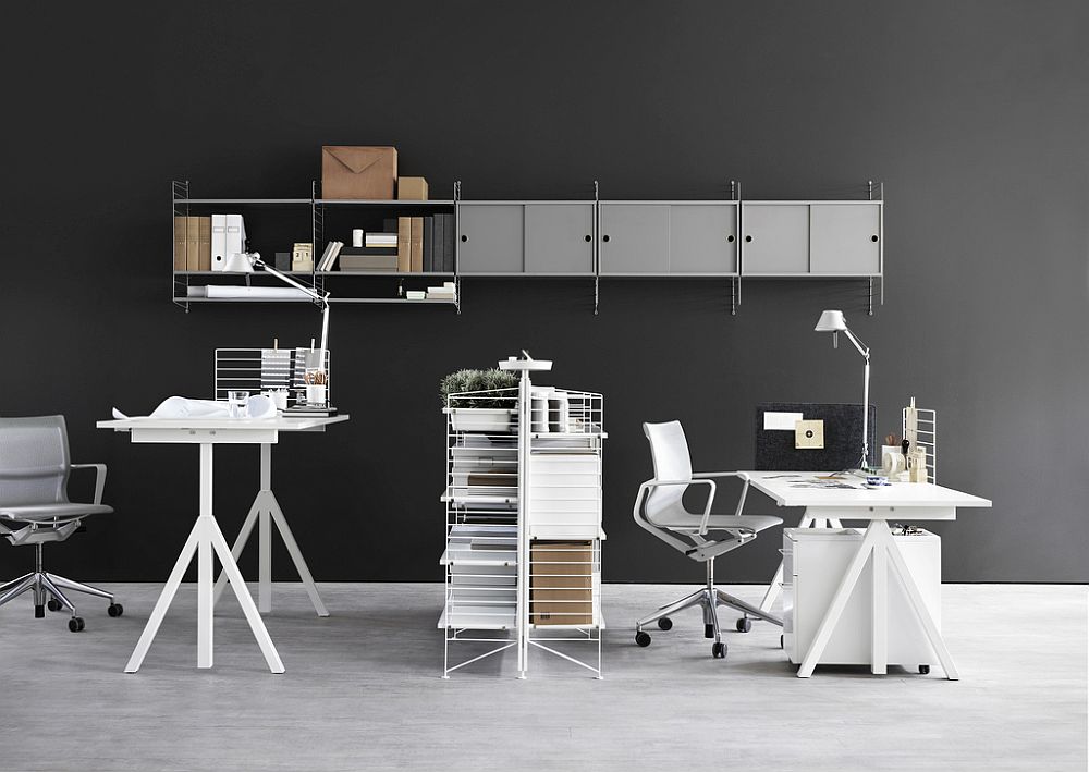 Easy-to-use sit-stand desks coupled with string shelving system create fabulous office space compositions