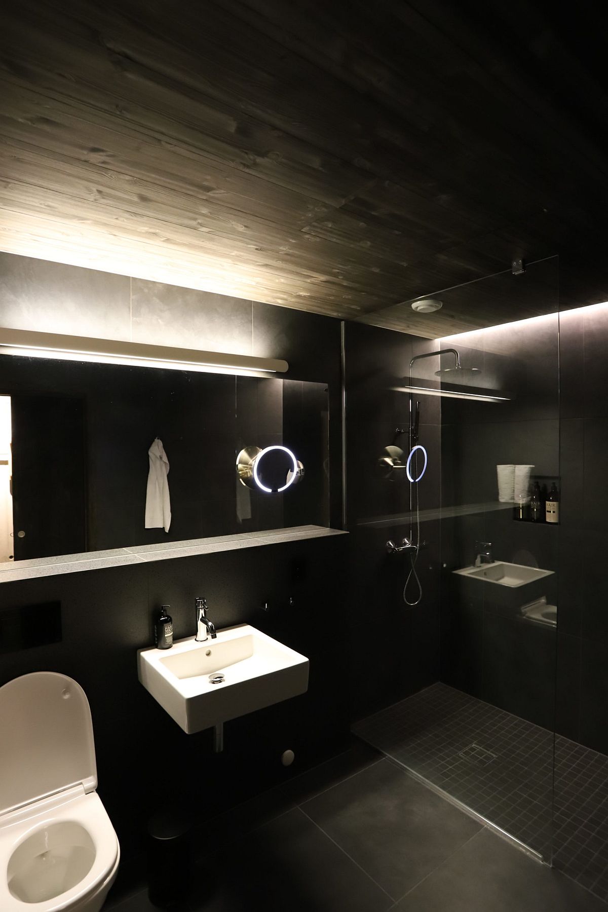 Fabulous dark bathroom in black combines modern design with Scandinavian simplicity