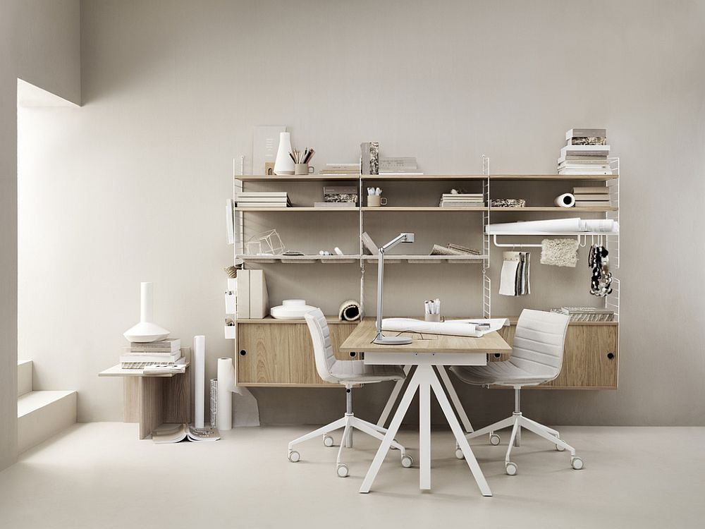 Iconic and smart string shelves are an essential part of the new workspace compositions