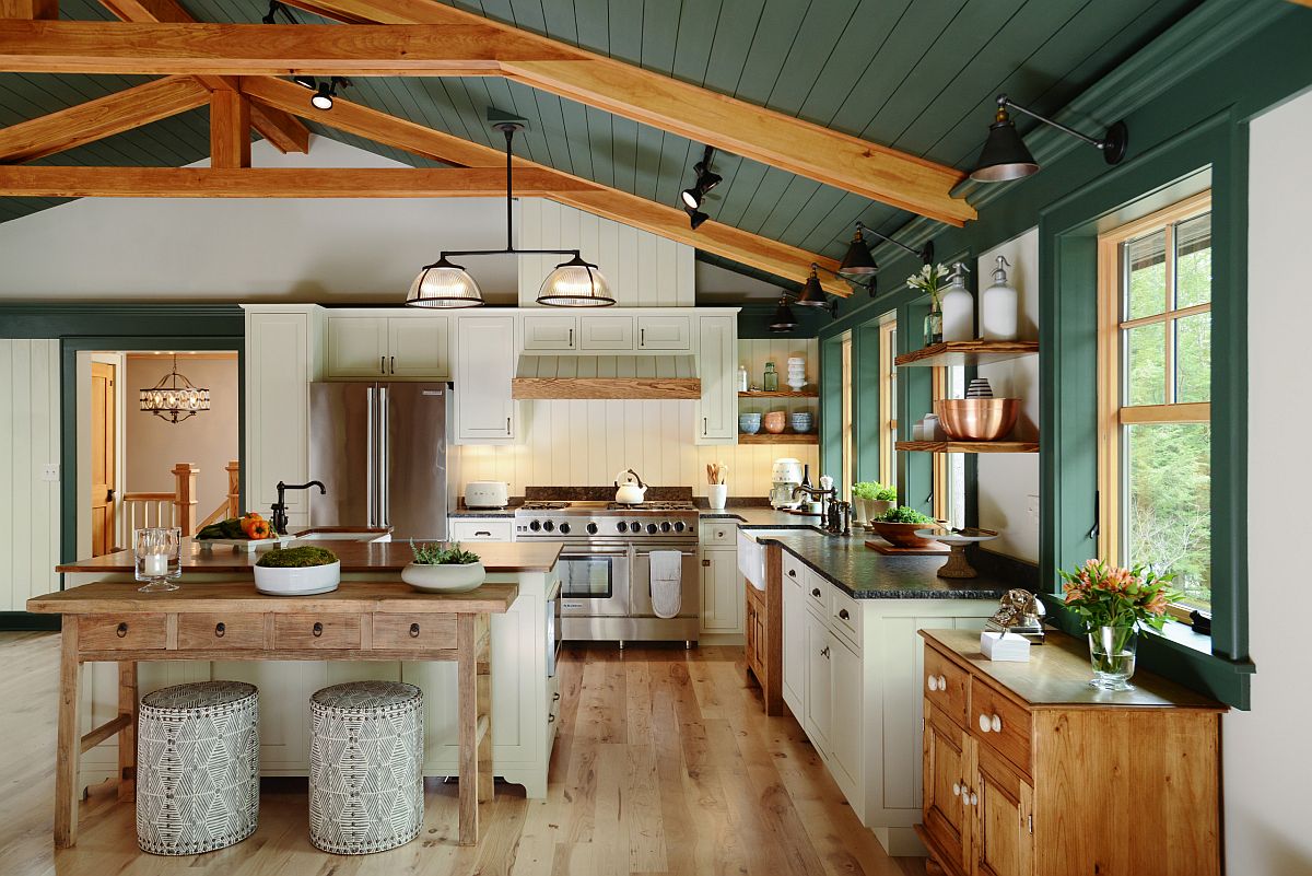 Innovative green wooden ceiling and walls provide the perfect backdrop for a festive kitchen