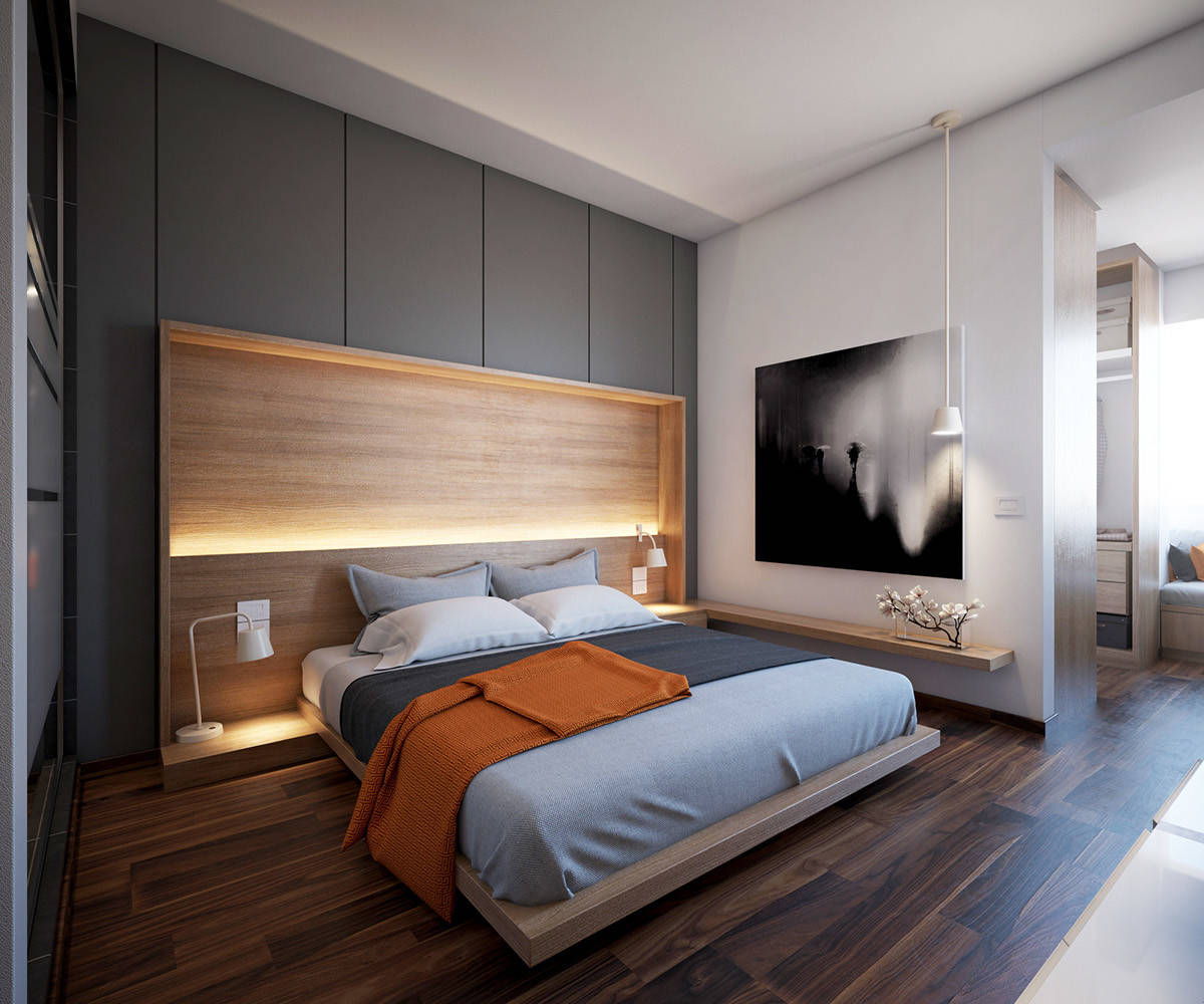 Lighting in the backdrop makes the biggest impact in this relaxing, minimal bedroom