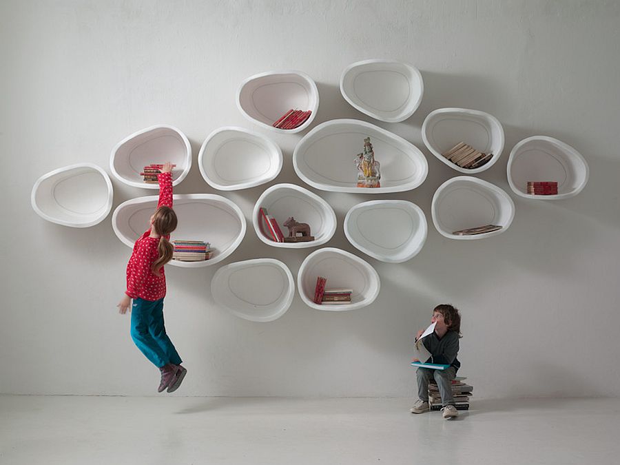 Modular shelves made from fiberglass add a unique focal point to the interior