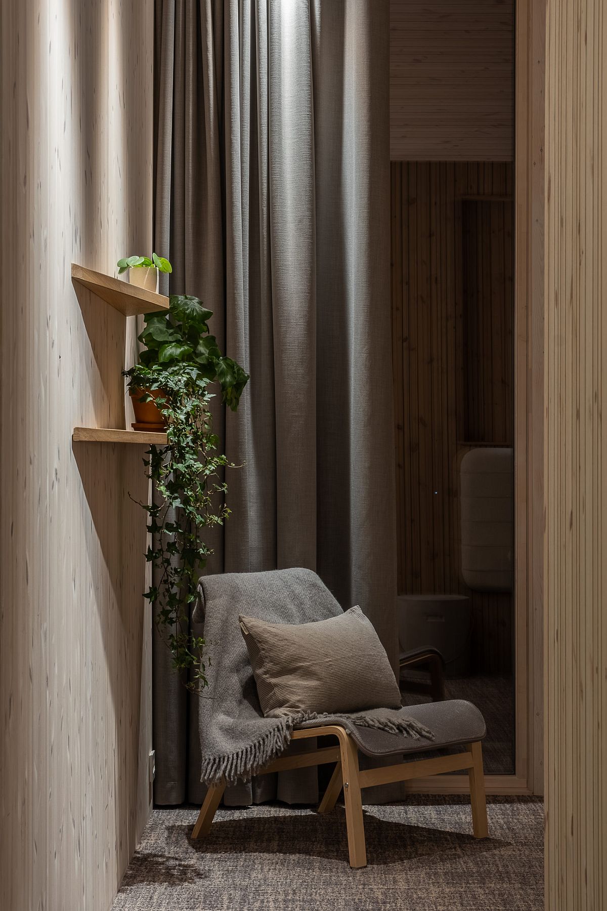 Polished gray and wood interior of the Norwegian cabin