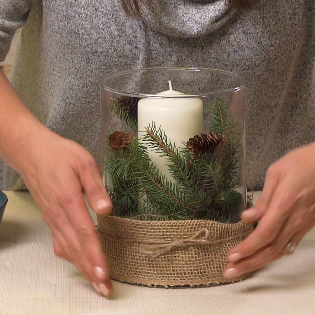 burlap tied with twine for winter centerpiece