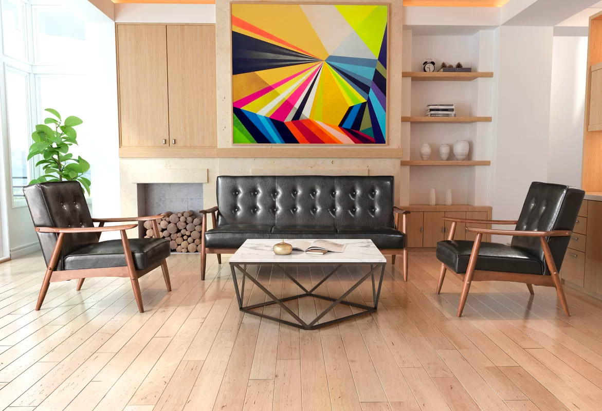 modern style living room with geometric bright wall art