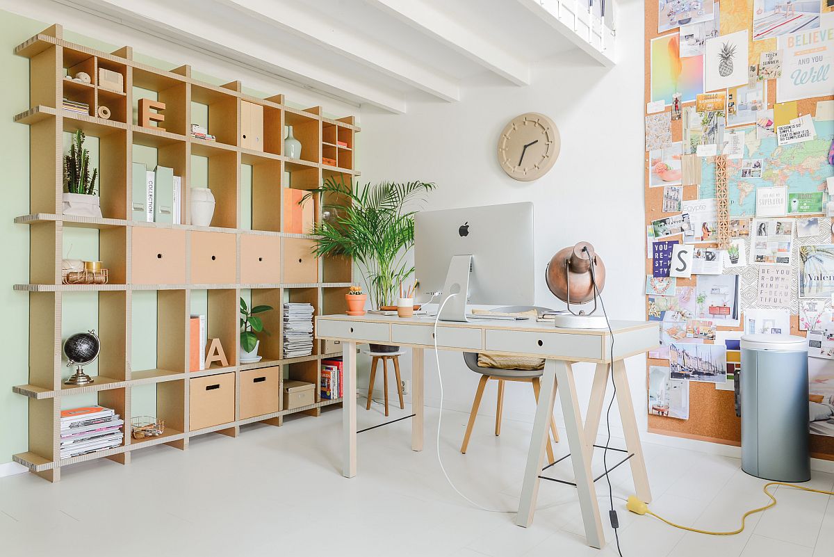 Exquisite shelves and smart desk create an ergonomic home office