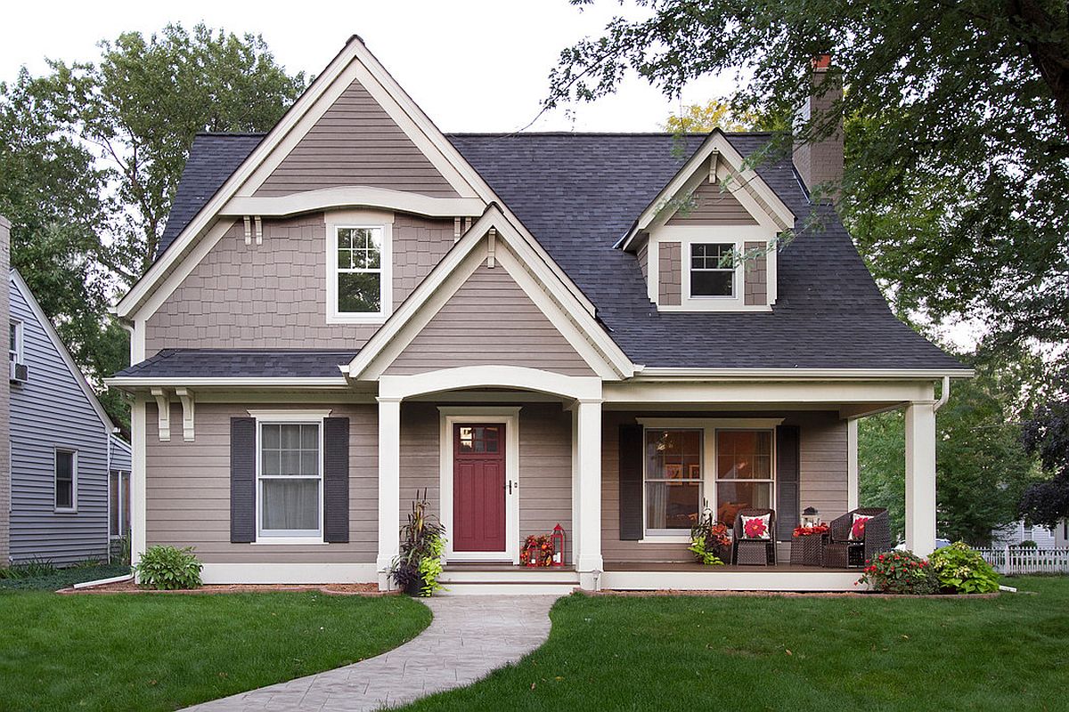 Light and dark gray coupled with a cheerful red door combine modernity with timeless charm