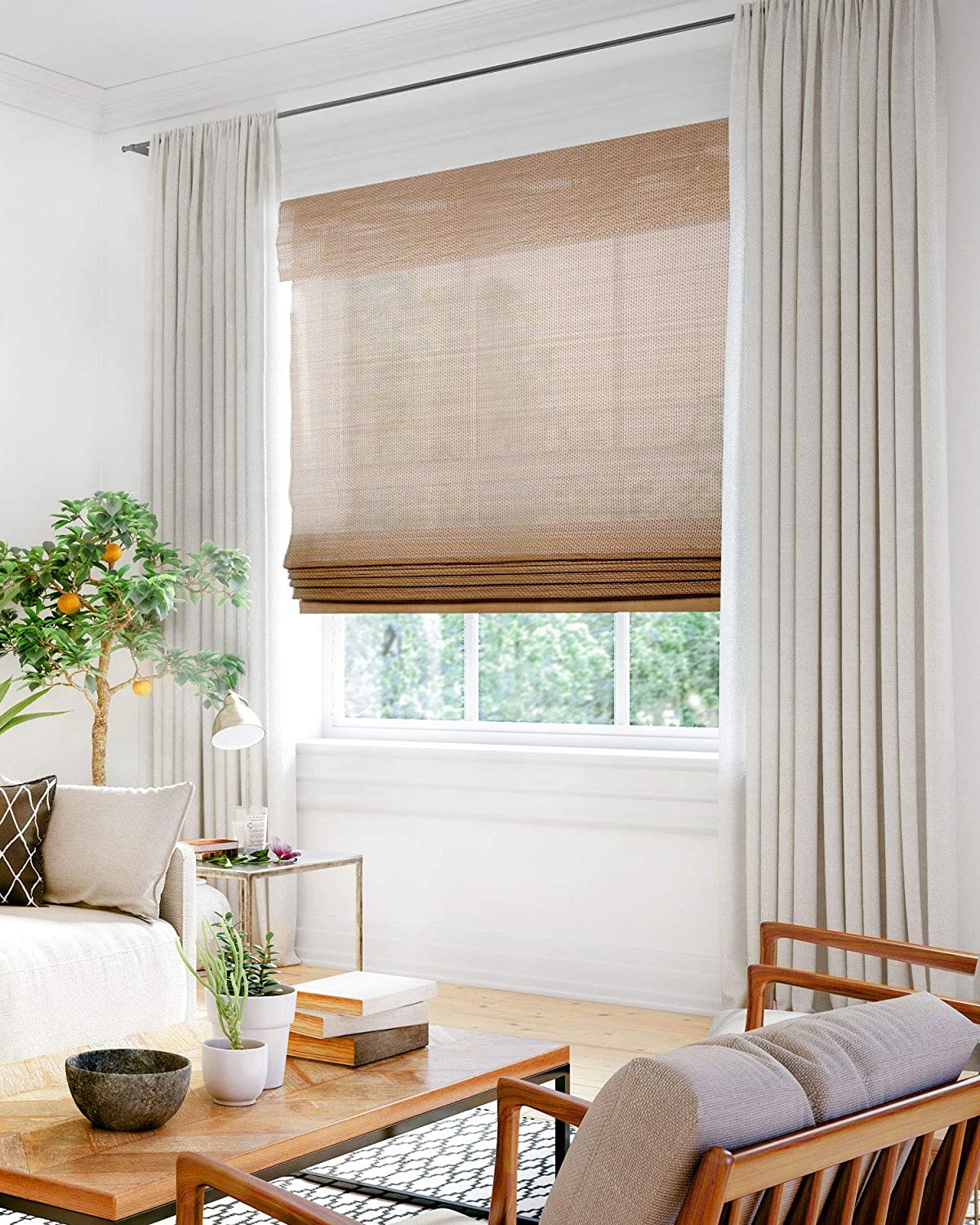 Living room window with brown covering