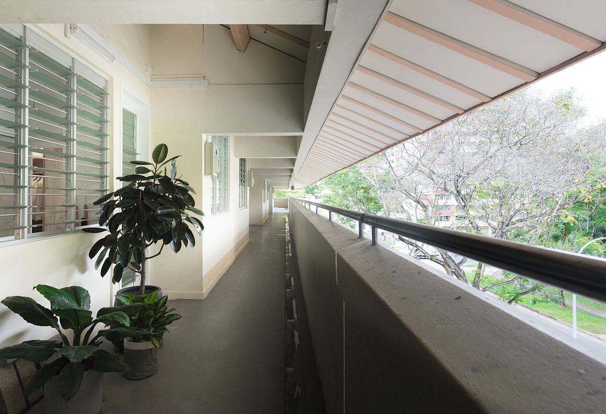 Long corridor of the Housing & Development Board building that contains the revamped apartment