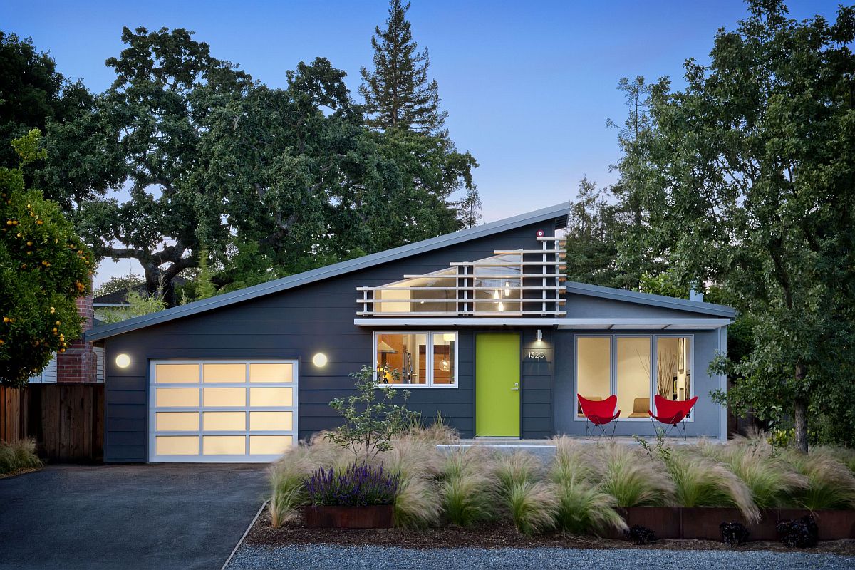 Midcentury modern home coupled with an apple green entry door makes an instant impact