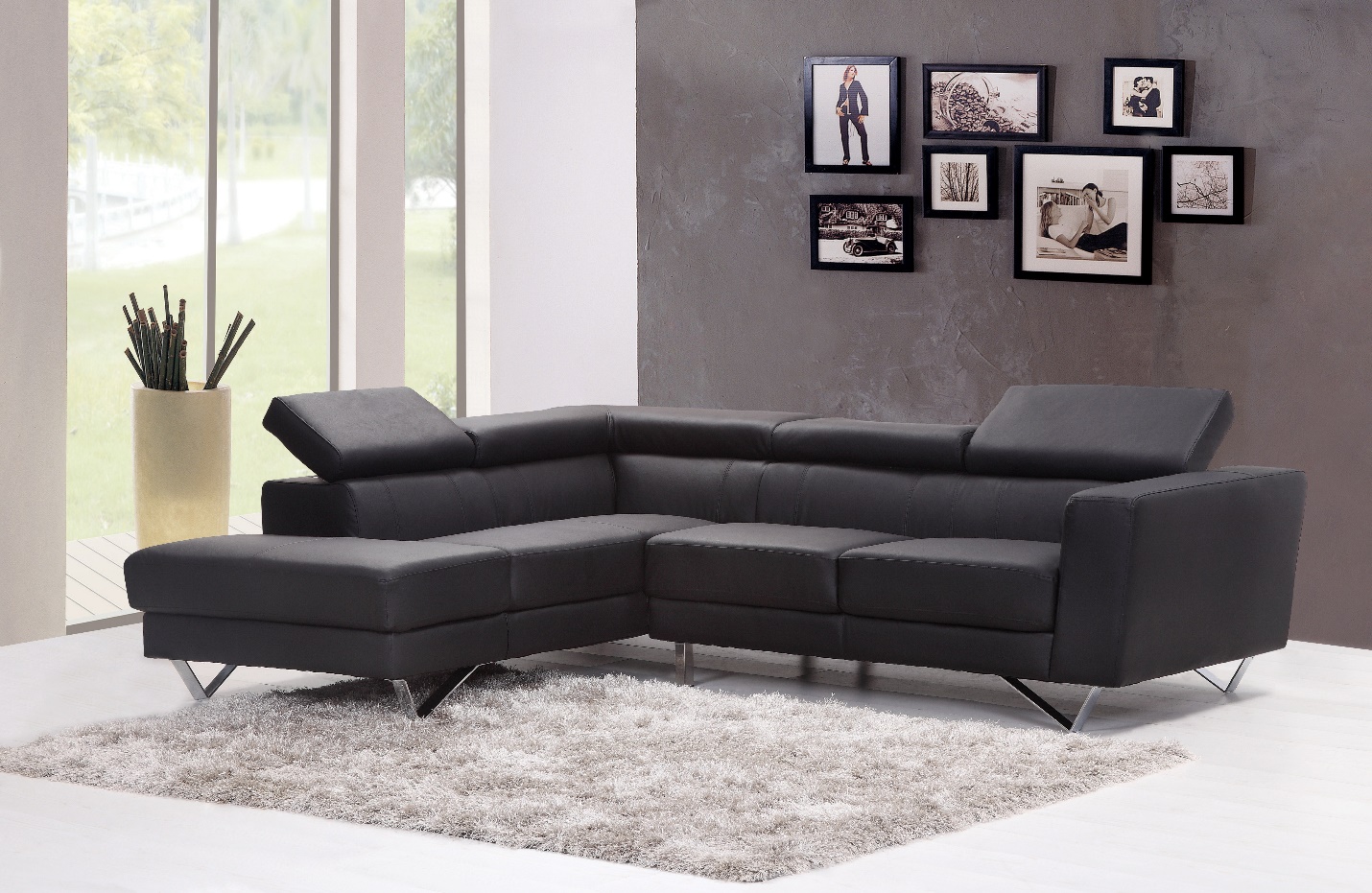 modern living room with modular black couch