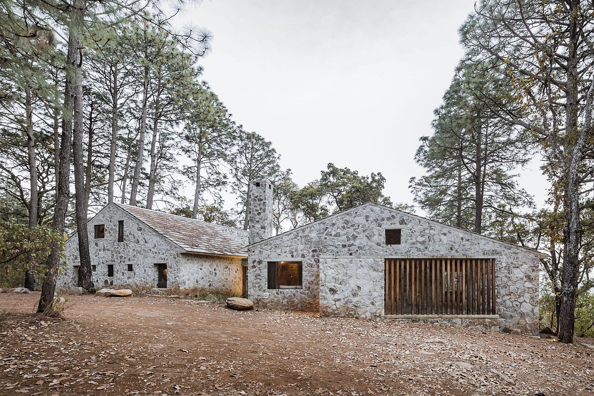Stone. concrete and wood along with just a dash of metal shape the exterior ofthe cabins