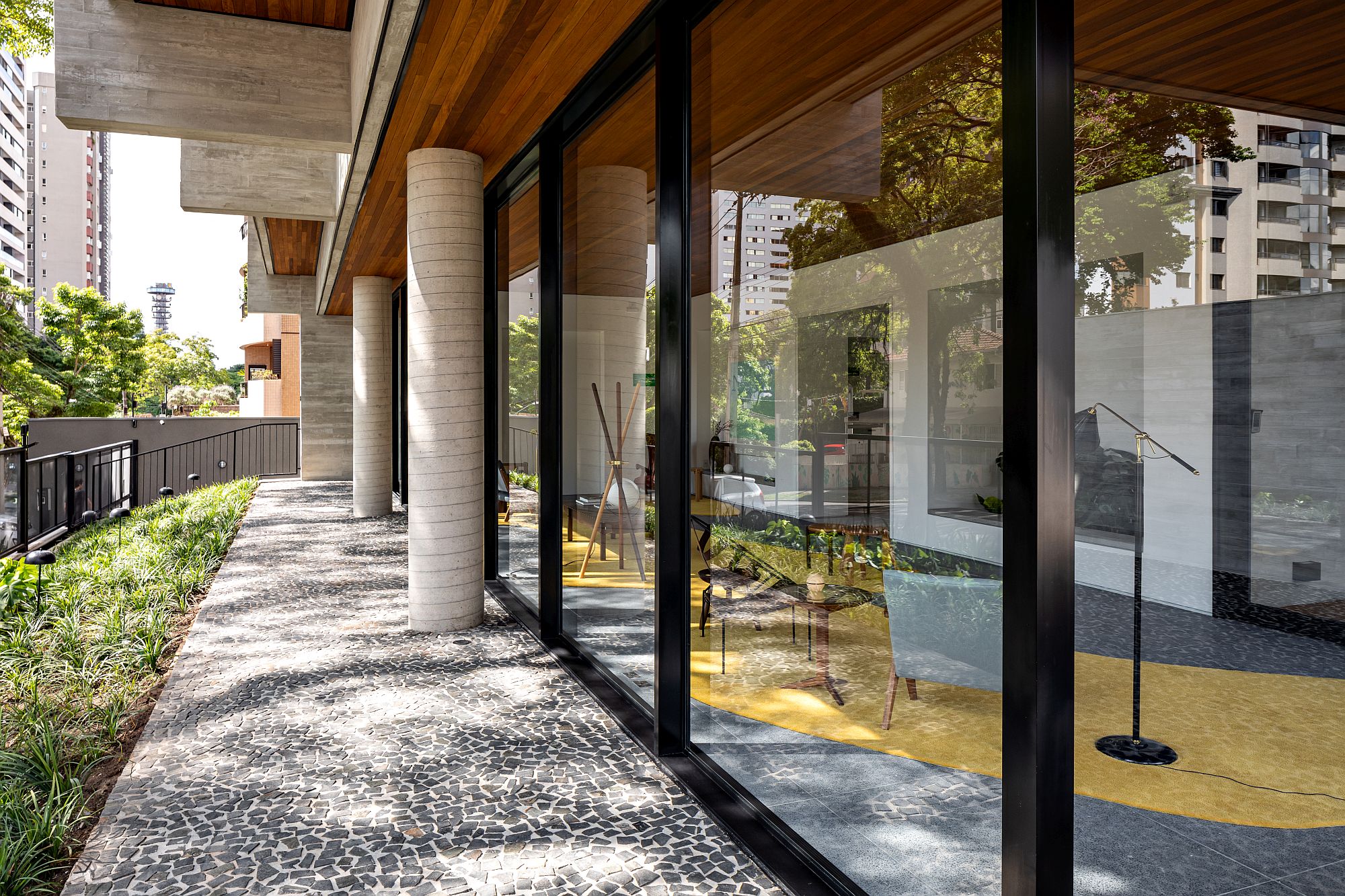 View of the landscape and street outside the Brazilian building