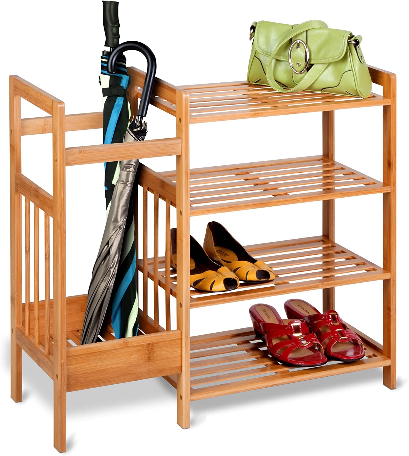 Bamboo organizer with shoes and umbrellas
