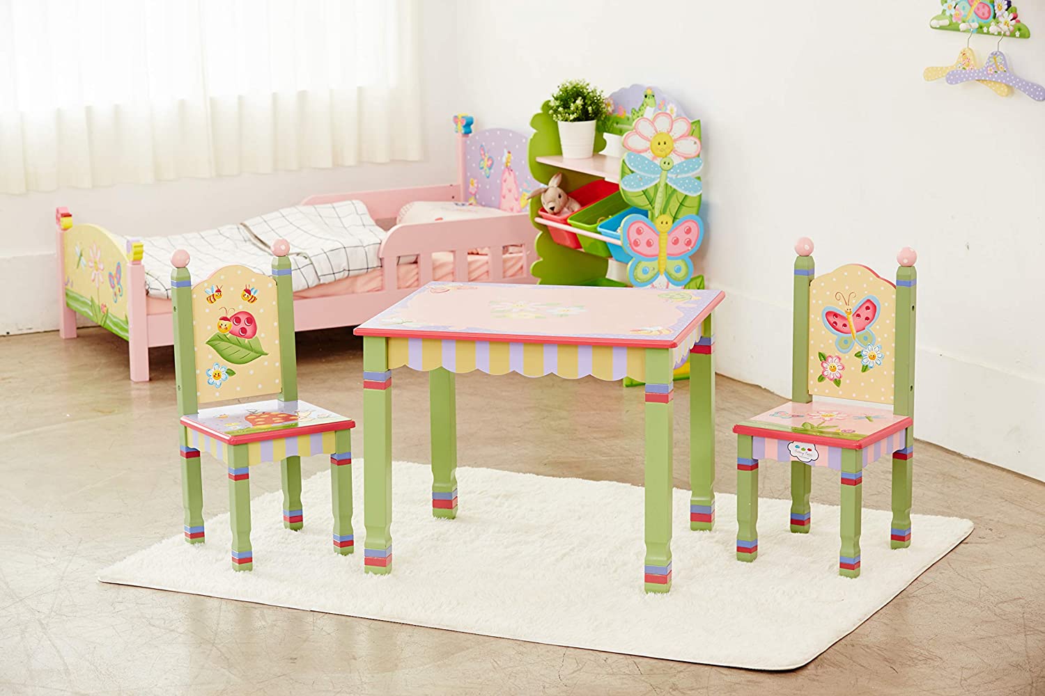 Bed, table and chair for kids in pastel colors