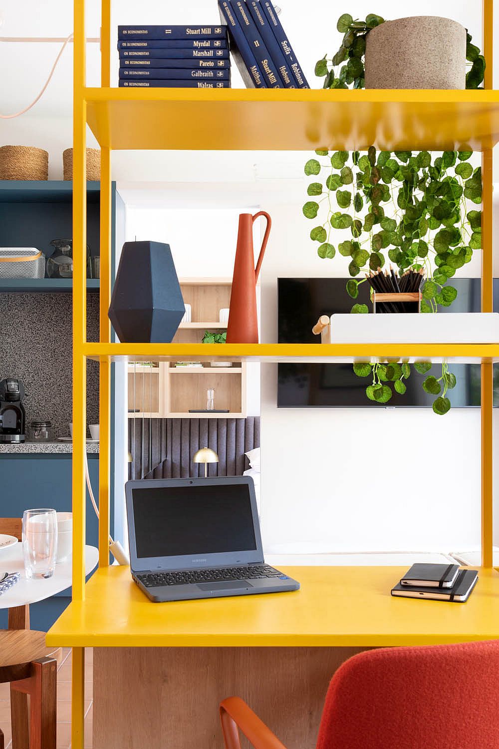 Bespoke home workstation in yellow adds color and textural contrast to the interior