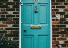 Blue door with door knob and mail slot