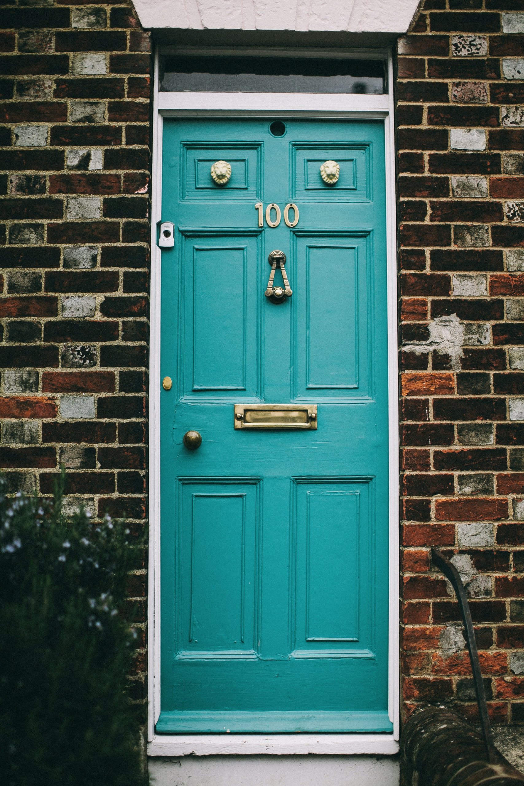 Blue door with door knob and mail slot