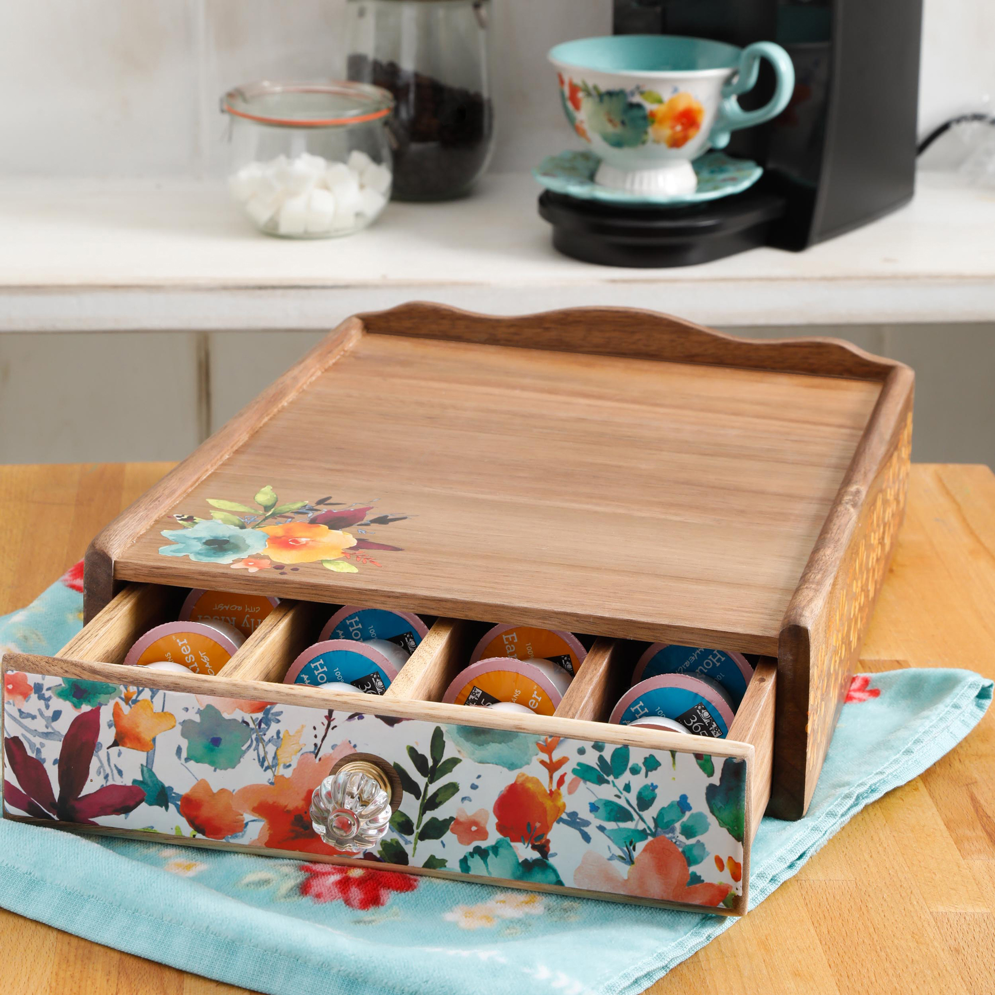 Coffee pods inside a painted wooden crate