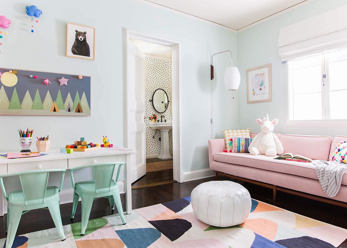 Color-filled kids' study space and playroom rolled ino one