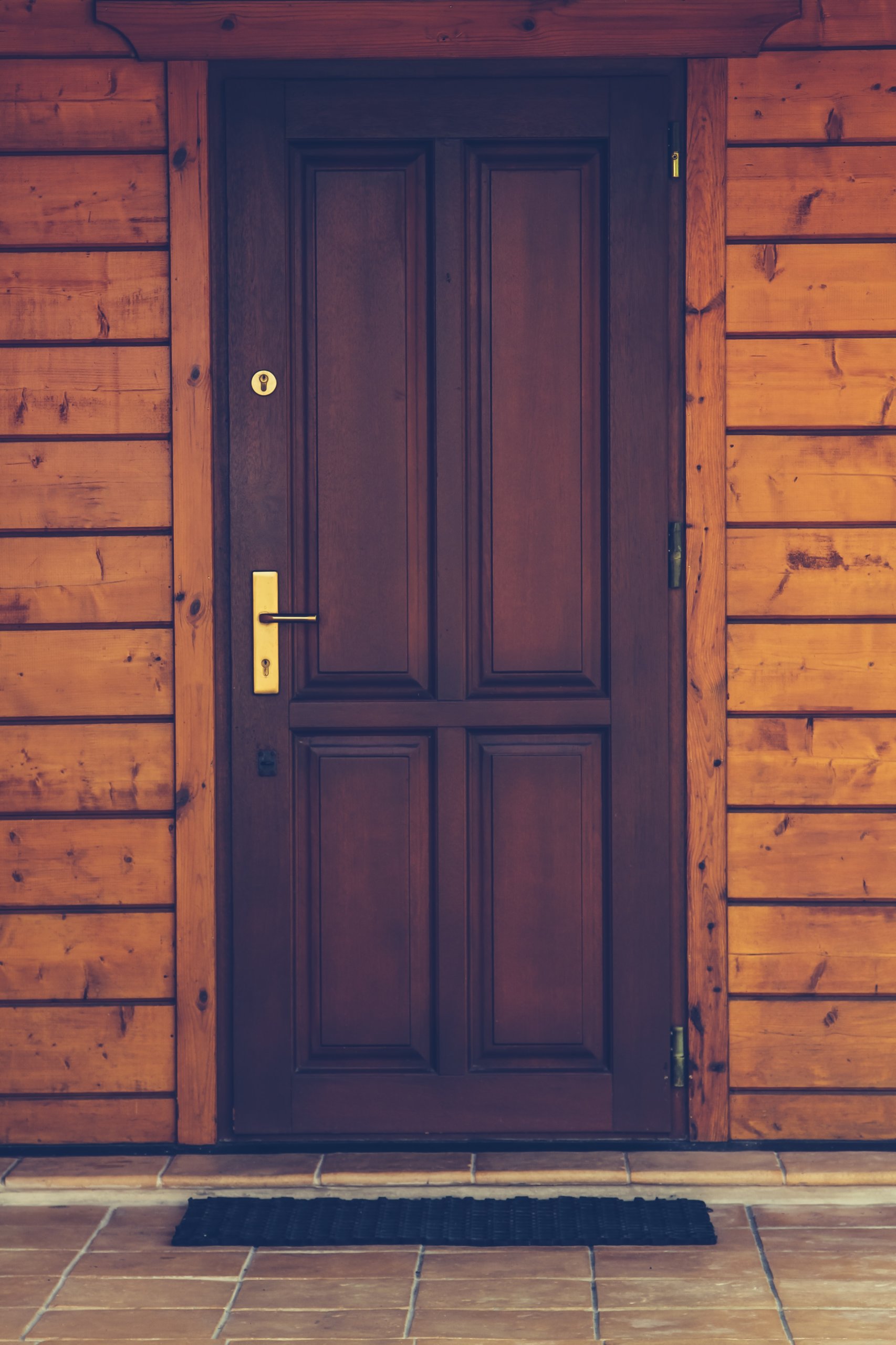 Dark brown door on wooden wall