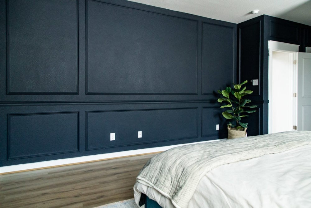 Dark-painted bedroom wall with moldings, green plant, white bed and white doorway