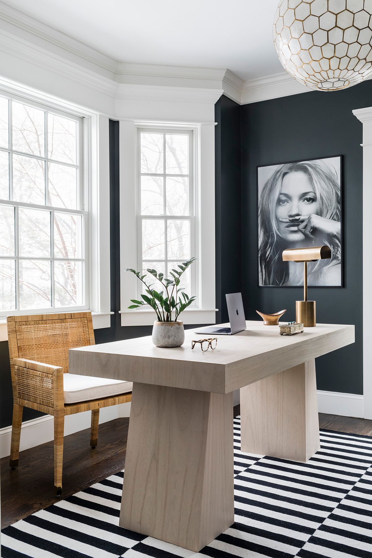 Fabulous contemporary home office in gray with black and white striped carpet and stylish design