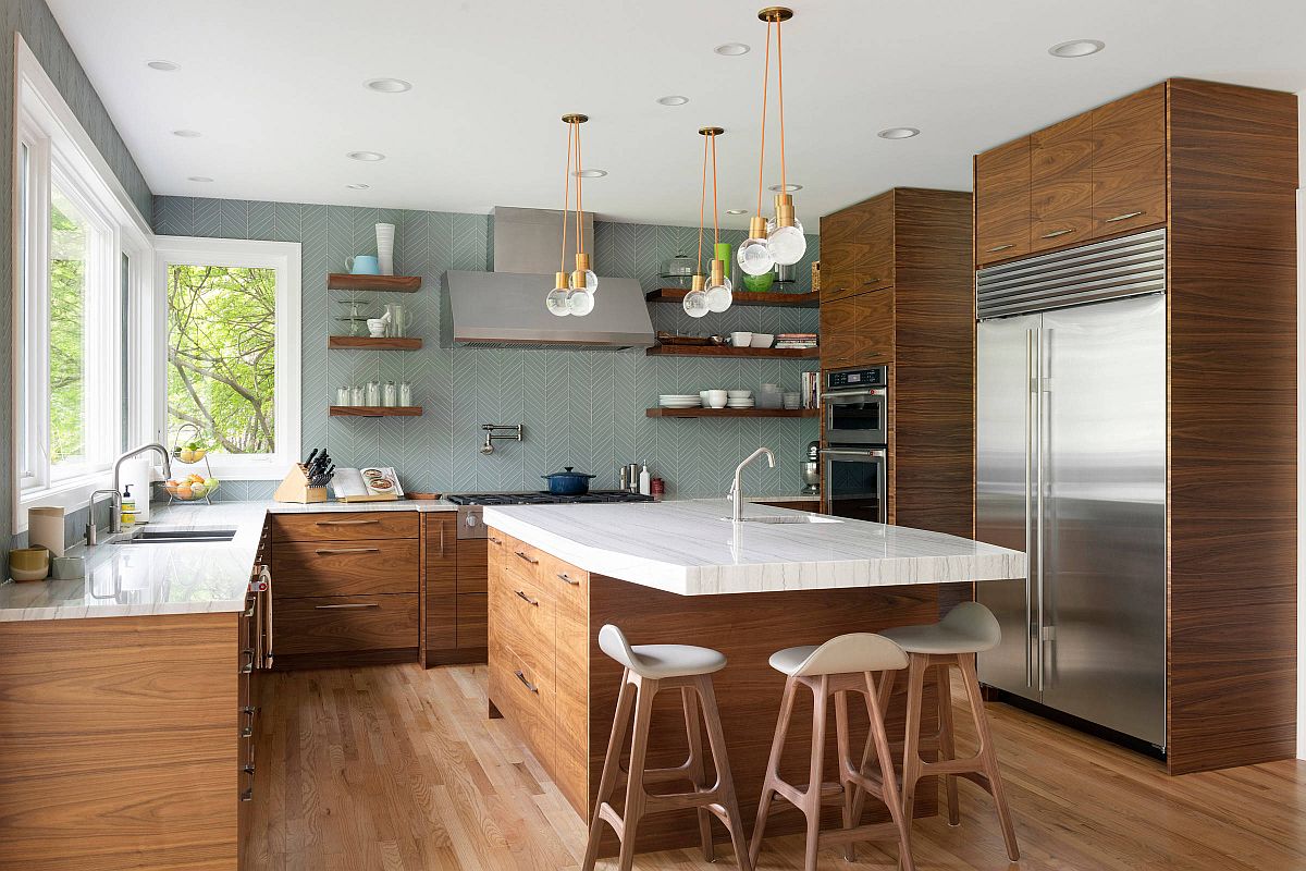 Gray and wood kitchen with a pattern-filled backdrop