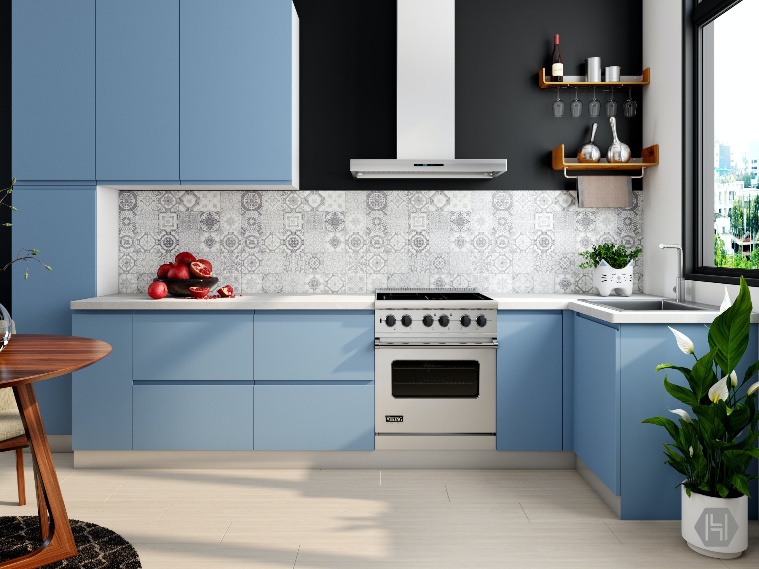 Interior dapur dengan lemari biru dan dinding keramik