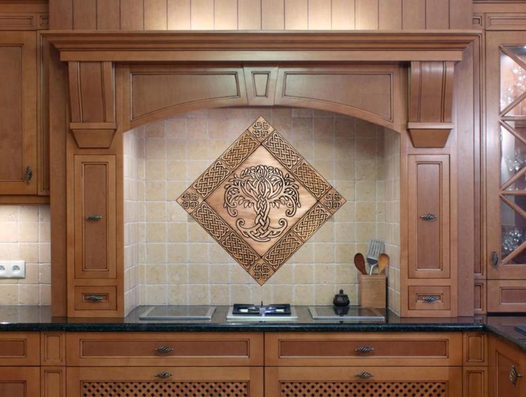 Kitchen with brown interior and celtic style stainless tiles