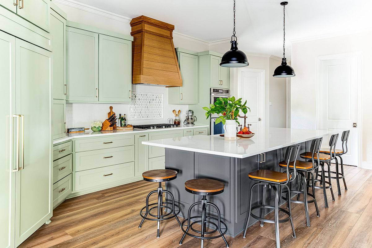 Light mint green cabinets allow you to switch between styles in the kitchen with ease