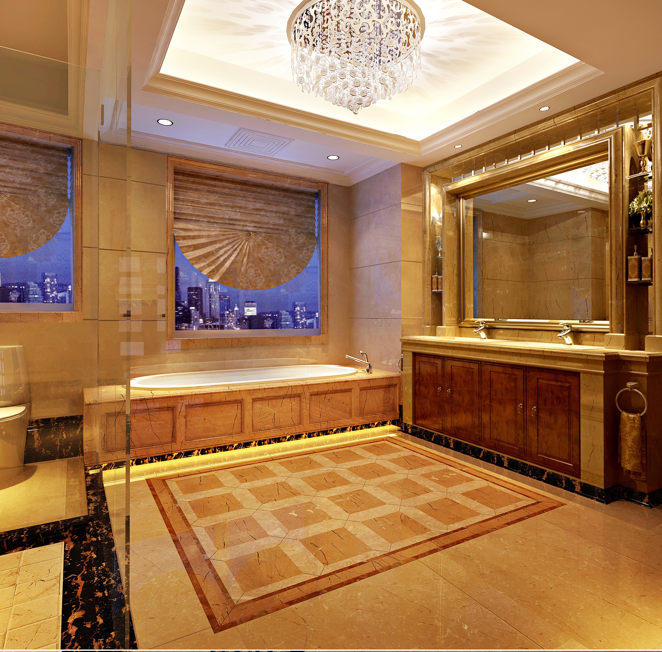 Luxurious bathroom with chandelier and big mirror