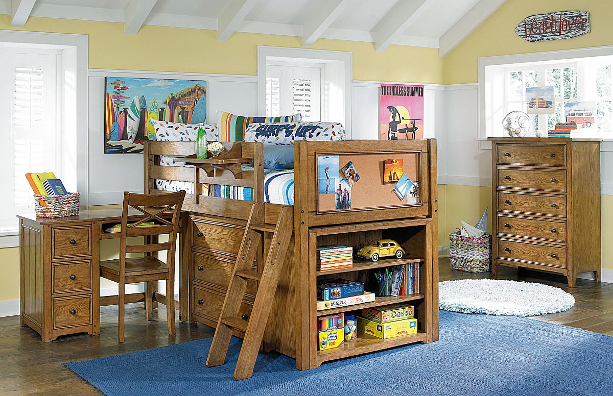 Matching wooden decor in tthe kids' room with mutiple open and closed storage options