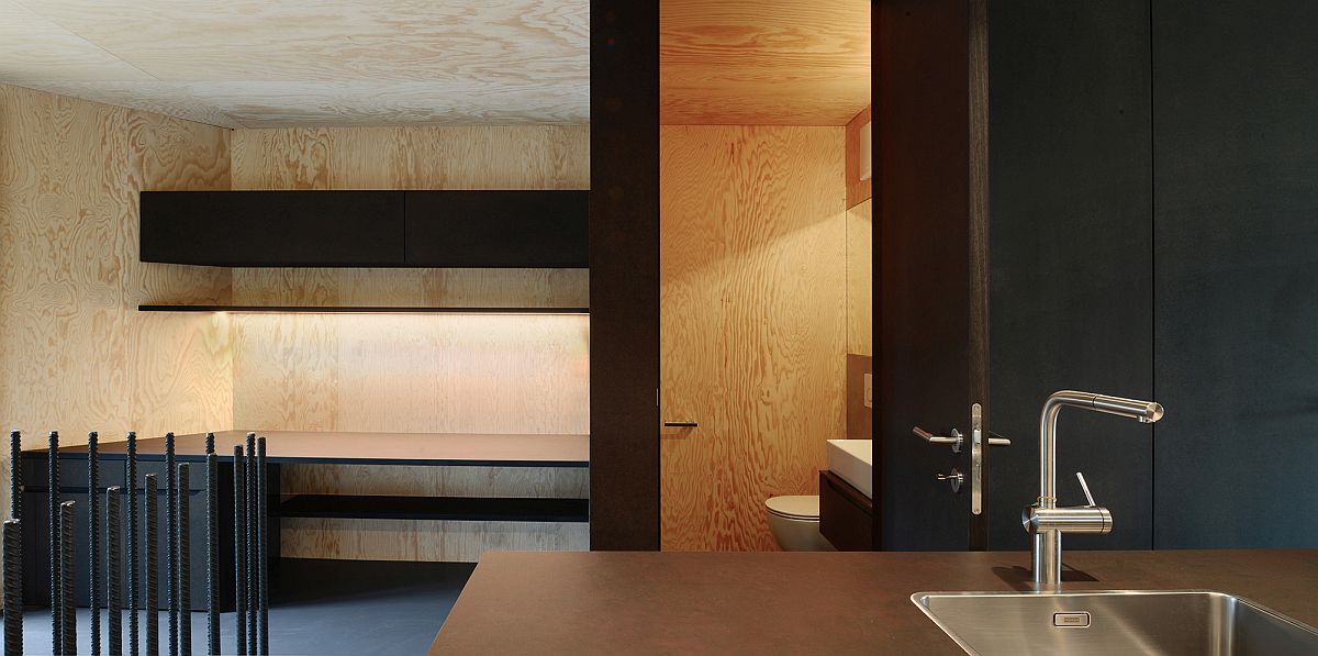 Minimal interior of the curved house in wood in Basel