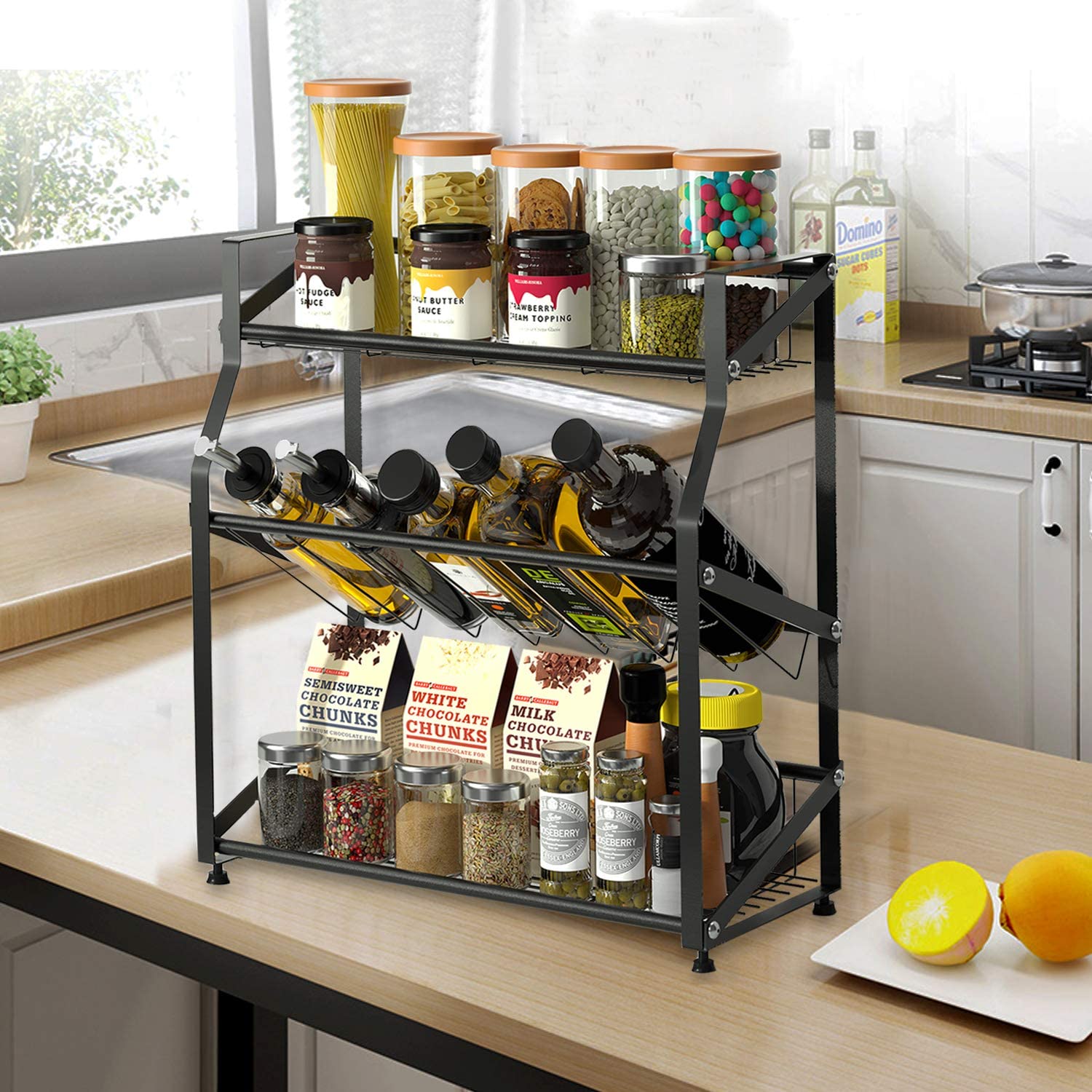 Rack full of bottles and dry herbs on top of brown kitchen counter